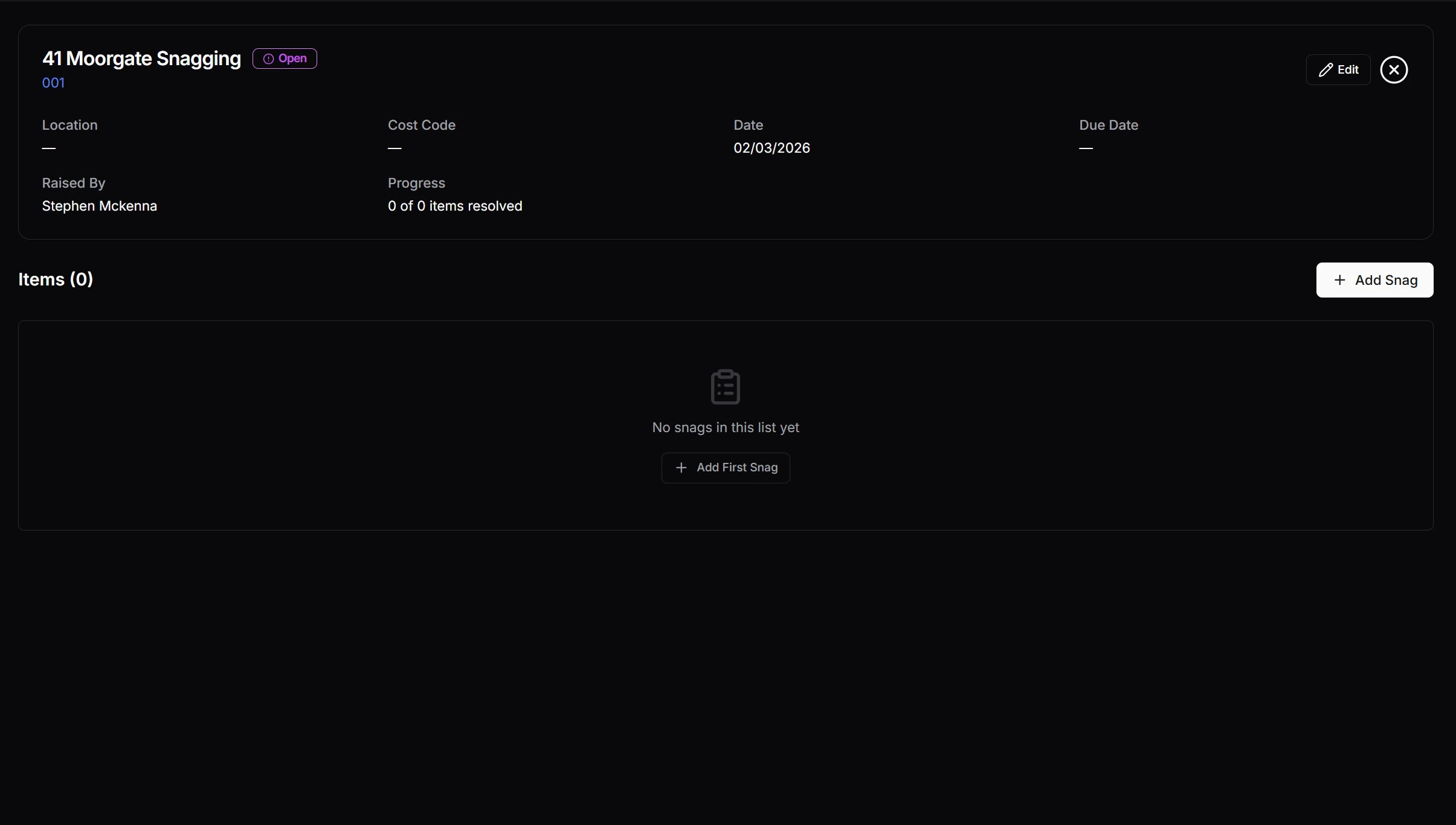 Snag list with photo capture, cost code assignment, and auto-distribution by contractor