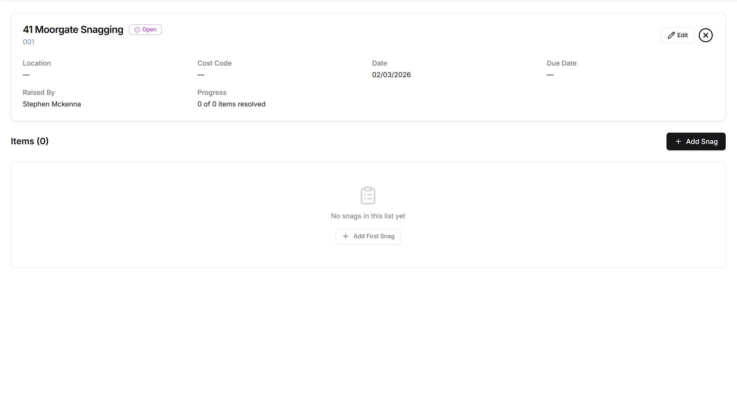 Snag list with photo capture, cost code assignment, and auto-distribution by contractor