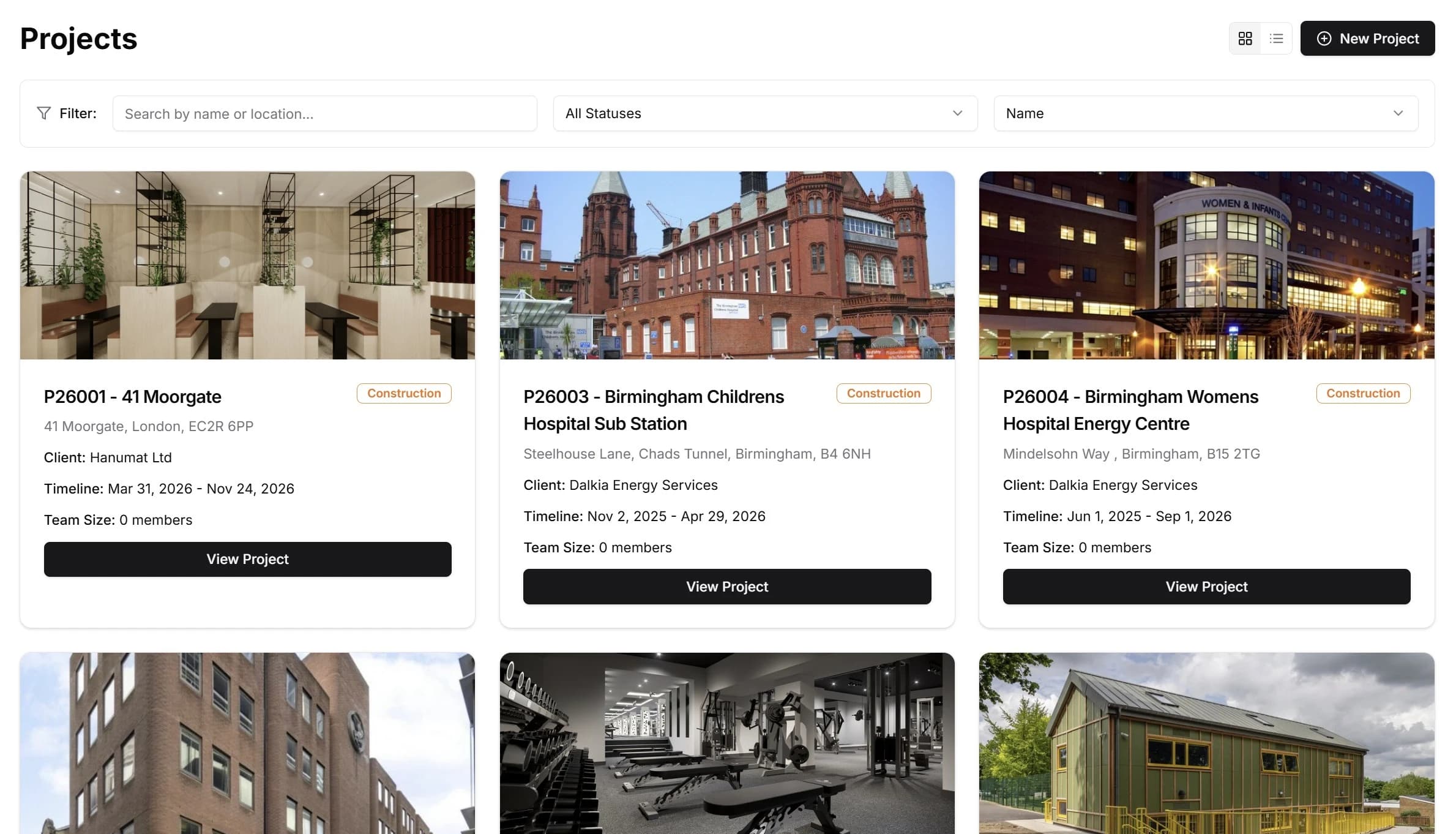 Construction AI projects dashboard — all live projects, status tracking, and module access from one screen